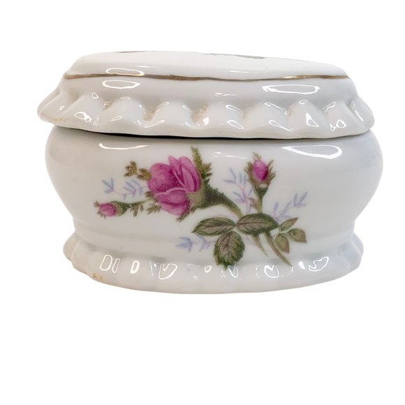Vintage Trinket Box Pink Rose Ruffle Edge Gold Trim Jewelry Ring Coin Catch All - Picture 8 of 8